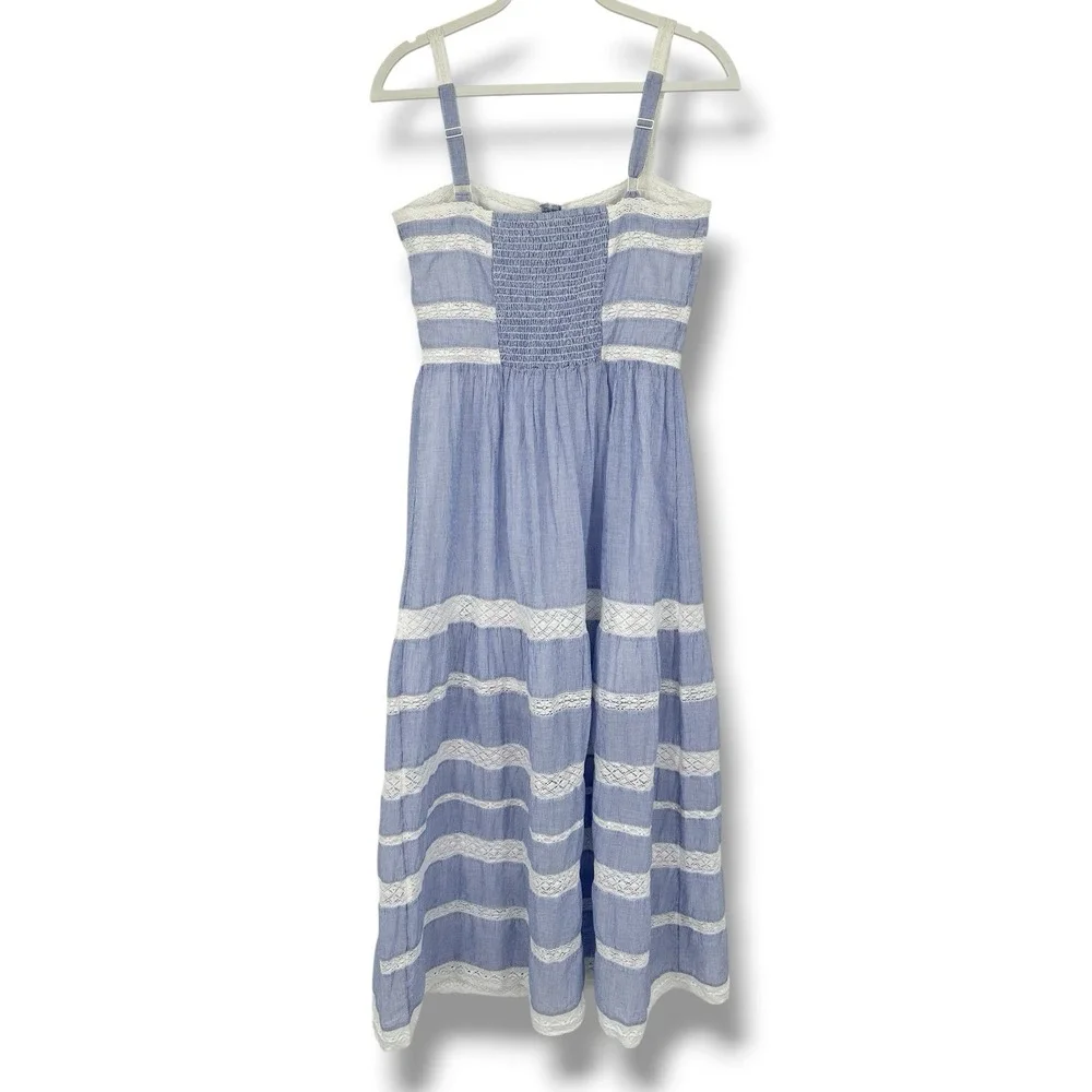 GAP Lace Trim Maxi Dress S Petite Blue Stripe Cotton Button Front Cottagecore - Picture 4 of 16